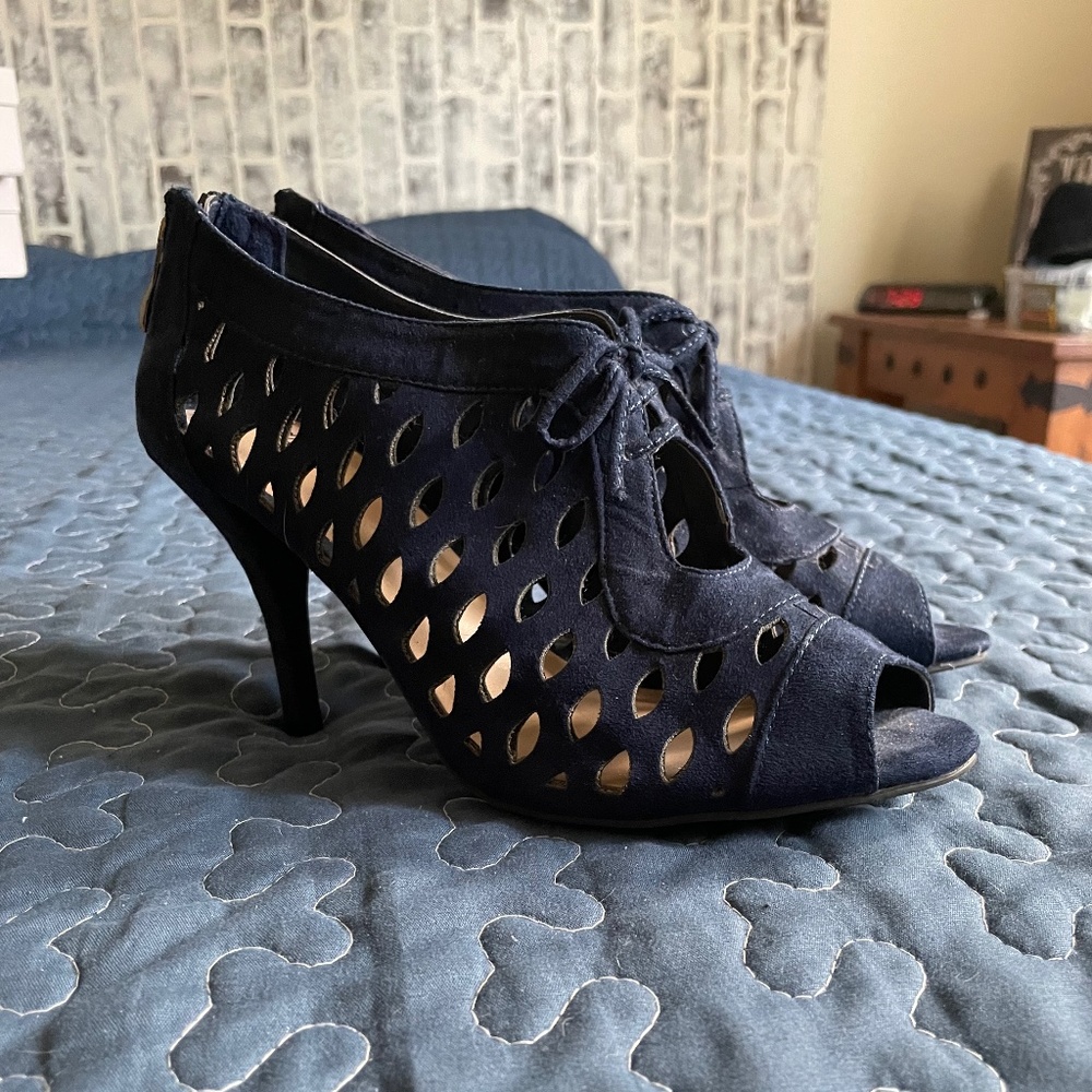 Cato Navy Blue, laser cut, peep toe heels